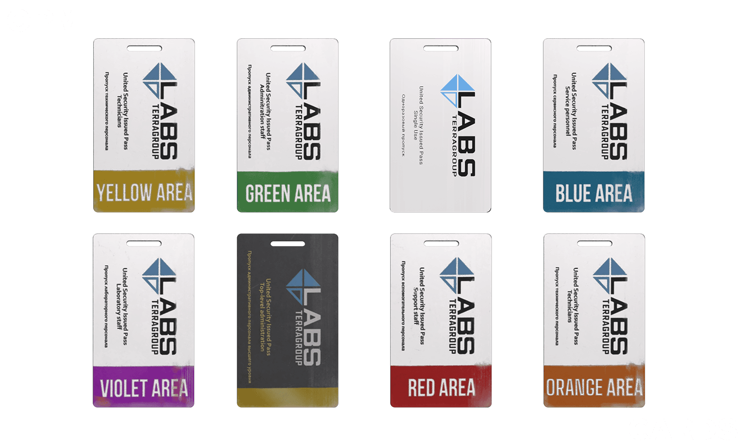 OPM keycard collection — Yellow, Green, White, Blue, Violet, Black, Red and Orange security passes