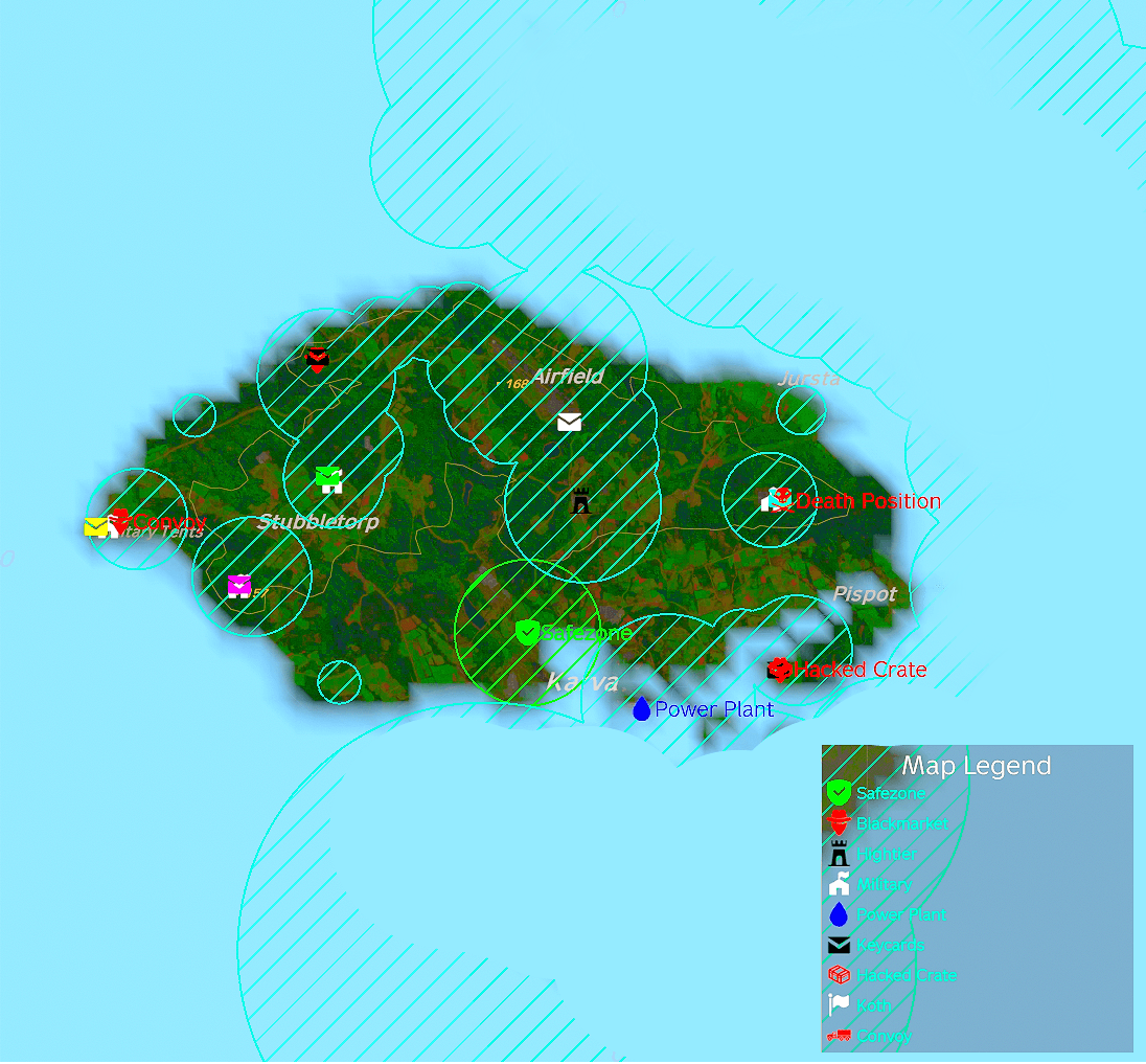 OPM no-build zones map showing safezones, blackmarket, hightier, military, power plant, keycard areas, hacked crates, KOTH and convoy spawns